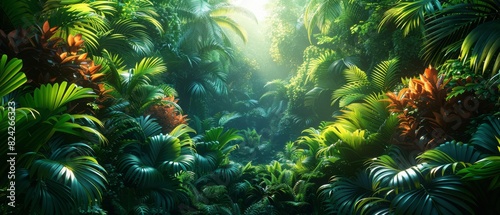 Background Tropical. As the sun dips below the horizon  the forest is bathed in the soft glow of twilight  casting long shadows that dance across the landscape and adding an air of magic.