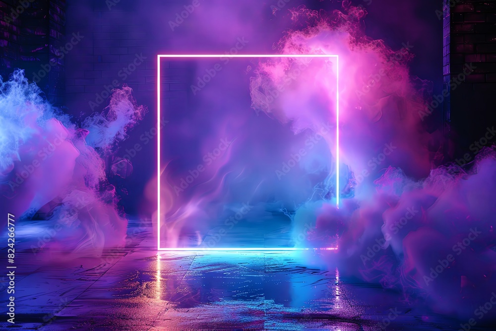 Fototapeta premium Abstract neon background with smoke, illuminated square frame in the center of dark room, glowing blue and violet light, empty space for design