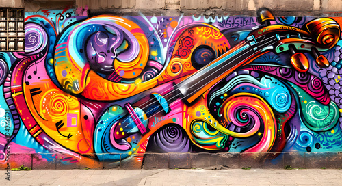 Concept of Abstract Violin Street Art Mural, Vibrant Musical Notes and Planets Against City Streets Background, Colorful Urban Creativity, creative design, street scene © DesignHubpro