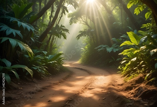  A dirt path winding through a lush  tropical jungle with tall palm trees  dense foliage  and sunlight streaming through the canopy