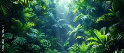 Background Tropical. The canopy overhead forms a lush green umbrella  filtering sunlight into a soft  dappled glow that bathes the forest floor in a gentle warmth.