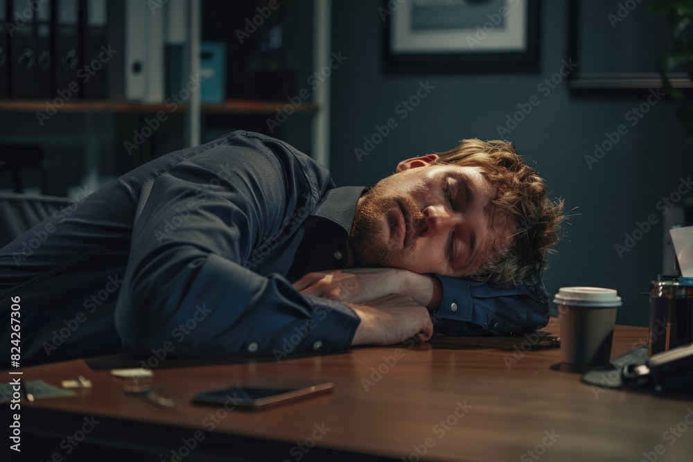 Tired businessman sleeping in office with coffee cup on desk, Office worker taking a nap Tired businessman sleeping in office with coffee cup on desk, Office worker taking a nap
