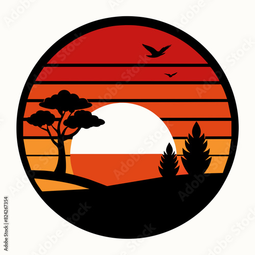 Summer times black silhouette illustration vintage retro sunset 
