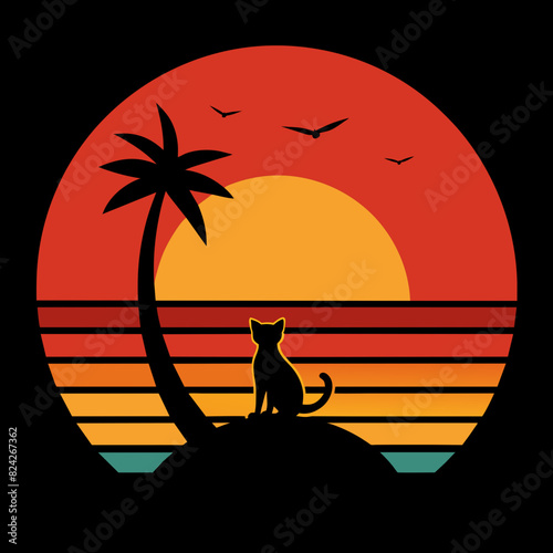 cat on the beach silhouette, Vector Illustration