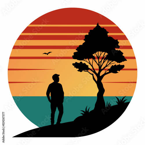 Summer times black silhouette illustration vintage retro sunset 
