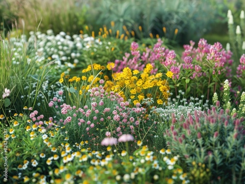 A variety of shrubs dotting a grassy meadow  each species contributing to the biodiversity of the landscape. The mix of colors and textures creates a harmonious and vibrant natural scene