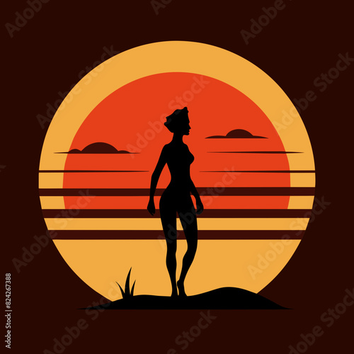 Summer times black silhouette illustration vintage retro sunset 
