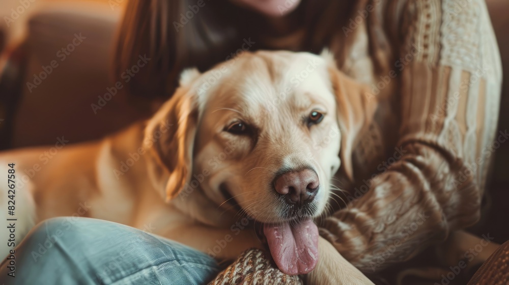A person sitting on a couch lovingly hugging their dog, Happy dog and owner, Capturing the essence of companionship A person sitting on a couch lovingly hugging their dog, Happy dog and owner, Capturing the essence of companionship