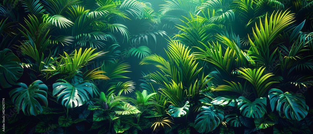 Background Tropical. Hidden among the emerald leaves are brightly colored birds, their melodious songs filling the air with a symphony of sound that echoes through the forest canopy.