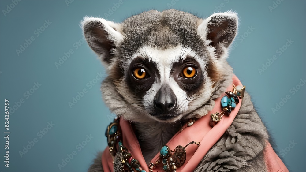 high fashion lemur studio portrait on plain colour background