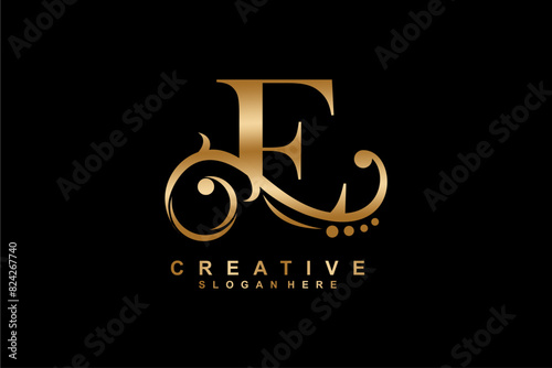 e letter logo with luxury gold floral ornament. e monogram logo, e typography. suitable for business logos, companies, beauty, fashion, boutiques, etc