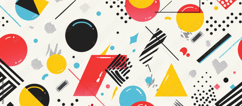 A vibrant and dynamic background illustration with bold geometric shapes, featuring bright colors like reds, yellows, blues, black dots, triangles, circles, and squares in an abstract pattern A vibrant and dynamic background illustration with bold geometric shapes, featuring bright colors like reds, yellows, blues, black dots, triangles, circles, and squares in an abstract pattern