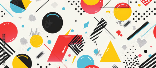 A vibrant and dynamic background illustration with bold geometric shapes, featuring bright colors like reds, yellows, blues, black dots, triangles, circles, and squares in an abstract pattern