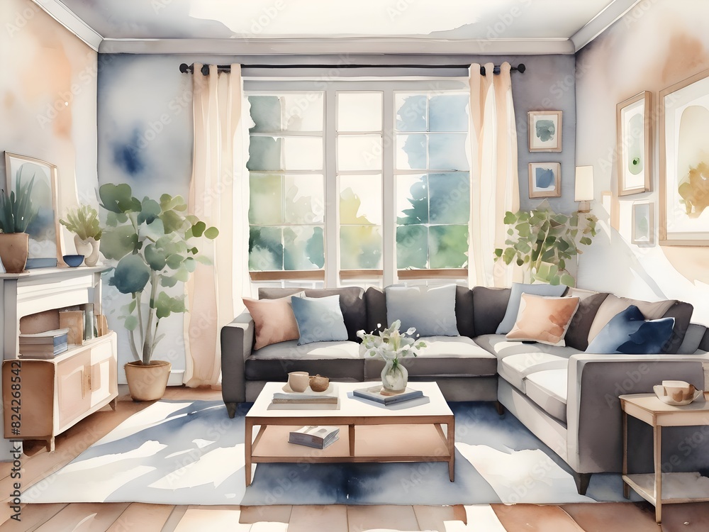 Fototapeta premium Cozy Living Room Watercolor Art