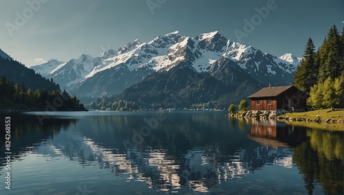  mountain covered in snow is in the background with a lake in front, reflecting the mountain photo