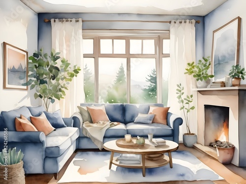 Cozy Living Room Watercolor Art © PikGrand
