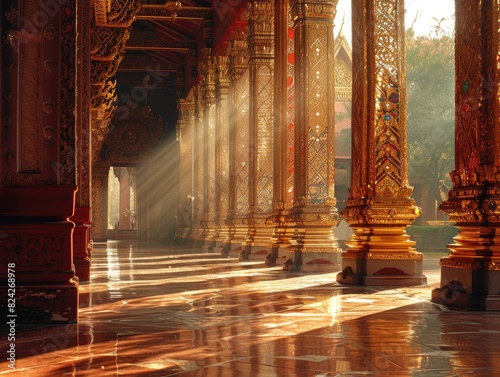 A temple courtyard bathed in the soft glow of sunlight filtering through ornate architectural details. The warm sunlight creates a serene and contemplative atmosphere, inviting visitors