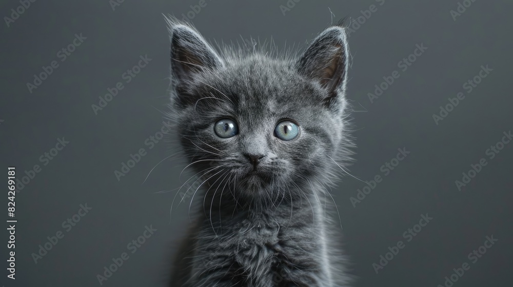 Kitten with blue grey fur against a studio backdrop Kitten with blue grey fur against a studio backdrop