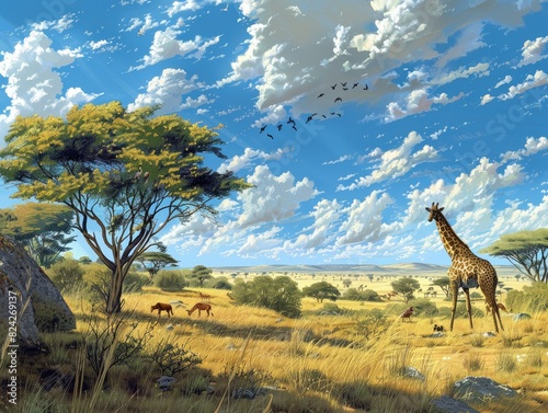 A sweeping savanna landscape dotted with acacia trees and inhabited by a multitude of grazing animals, from towering giraffes to agile antelopes. The scene captures the dynamic biodiversity