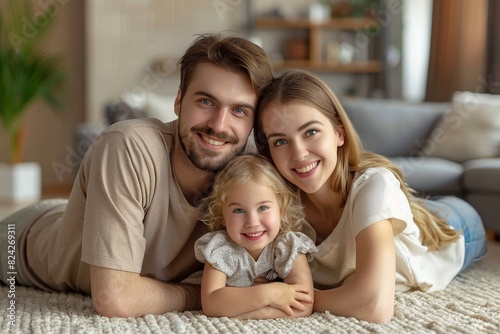 Young Caucasian family with small daughter pose relax on floor in living room  smiling girl kid hug embrace parents  Generative AI 