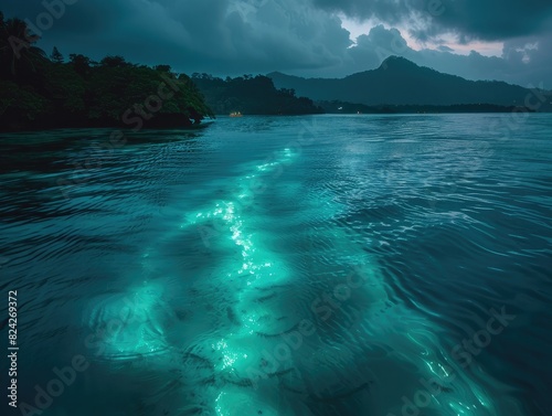 A time-lapse video of the transition from dusk to nightfall in a bioluminescent bay, capturing the gradual emergence of glowing plankton as darkness descends on the water.