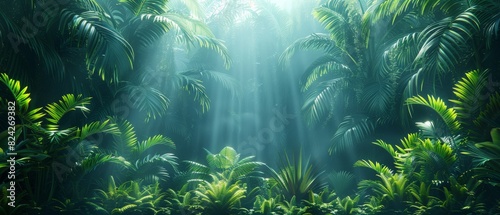 Background Tropical. Enveloped by verdant foliage, the rainforest exudes peace and tranquility, with its vibrant greens and soft rustling sounds offering a soothing and calming ambiance. photo