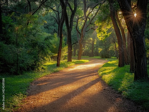 A tranquil Acacia-lined path winding through a sun-dappled forest, the filtered light casting enchanting patterns on the forest floor. The peaceful ambiance invites exploration and introspection