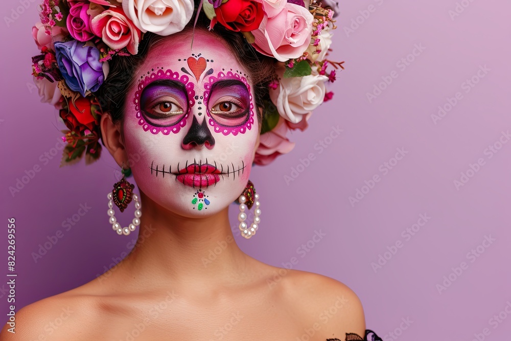 Mexican woman with Day of the Dead makeup and pearl earrings on light purple background.