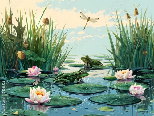 A tranquil pond teeming with life, from frogs basking on lily pads to dragonflies darting above the water's surface and fish swimming among the reeds.