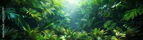 Background Tropical. The lush rainforest foliage evokes peace and tranquility  with its vibrant greens and gentle rustling sounds creating a soothing and calming atmosphere.