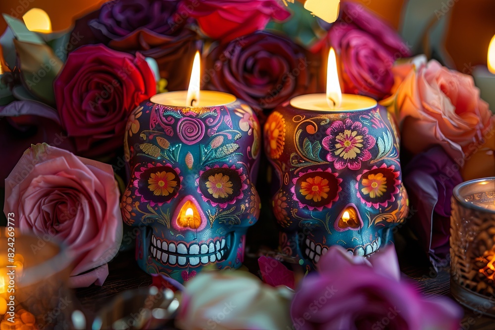 Pair of vibrant sugar skull candles surrounded by roses, flickering softly in a warm atmosphere.