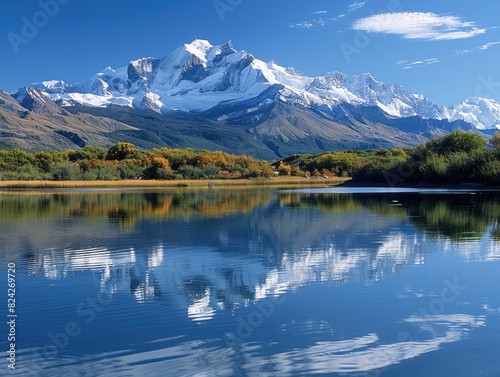A tranquil lake reflecting the surrounding snow-capped mountains, its calm surface disturbed only by the occasional ripple as fish break the surface. The scene highlights the importance of freshwater