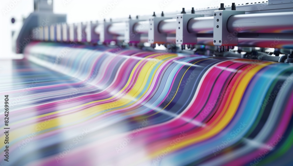 Colorful large format printing machine in action with colorful paper strips flowing from it, poster and packaging industry. A closeup of the printing process on a big premium printer. 