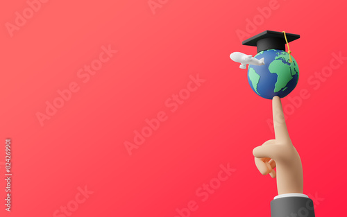 Study abroad concept design of globe wearing a graduation cap and airplane on the fingertip 3D render