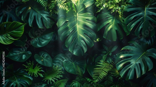 Background Tropical. Within the lush canopy  the rainforest foliage forms a protective shield  shielding the forest floor from the intense sun and ensuring a cool shaded environment.