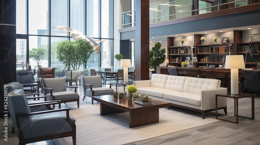 A photo of a law firm's lobby with modern decor.