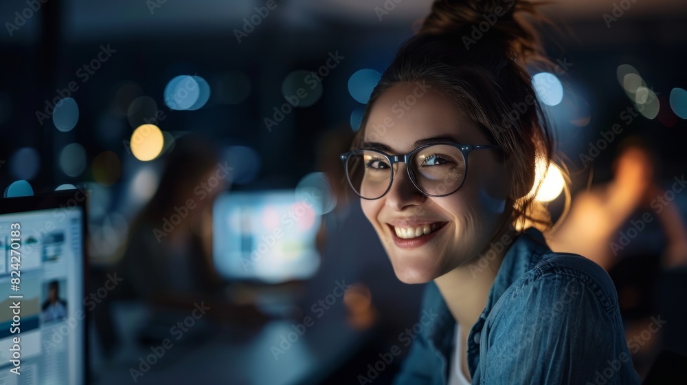 Young successful businesswoman at corporate office looking at camera. Smile and give off a confident look Young successful businesswoman at corporate office looking at camera. Smile and give off a confident look