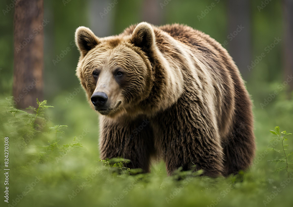 A Wild Brown Bear (Ursus Arctos) in the summer forest, captured in its natural habitat. A true wildlife scene.