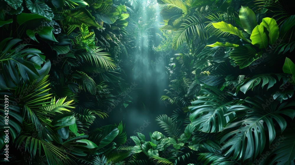 Background Tropical. Amidst the dense foliage, the rainforest's lush greenery serves as a testament to the power and beauty of nature.