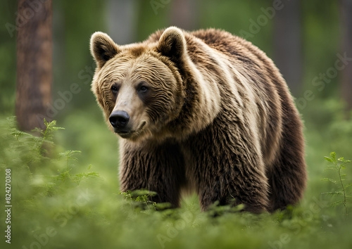 A Wild Brown Bear (Ursus Arctos) in the summer forest, captured in its natural habitat. A true wildlife scene.