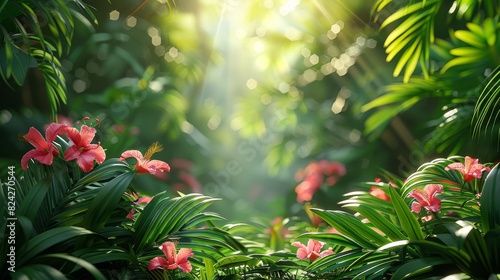 Background Tropical. Amidst the vibrant greenery  the rainforest foliage acts as a natural filter  cleansing the air and creating a vibrant and thriving ecosystem for all its inhabitants.