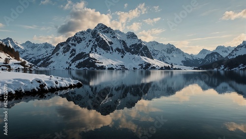  mountain covered in snow is in the background with a lake in front, reflecting the mountain photo