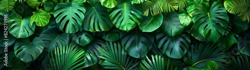 Background Tropical. Enveloped by verdant foliage, the rainforest offers endless shades of green, establishing a soothing and tranquil environment that is both calming and rejuvenating. photo