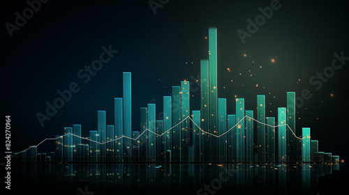A digital illustration of a bar chart with glowing bars in various heights  set against a dark background.