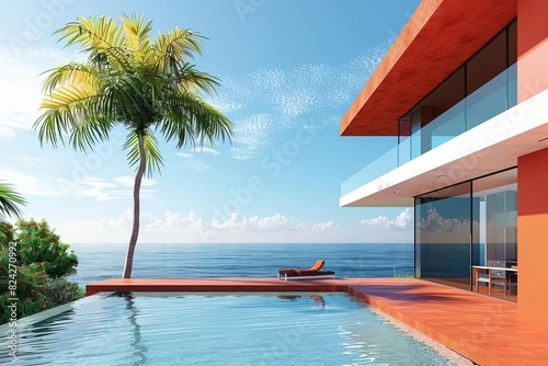modern house exterior with scenic sea view and clear blue sky 3d illustration digital paintings