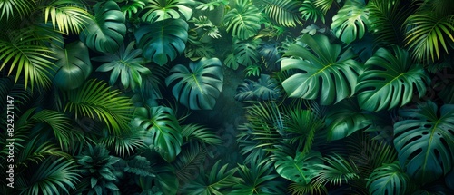 Background Tropical. The lush rainforest foliage  with its endless shades of green  creates a soothing and tranquil environment that is both calming and rejuvenating.