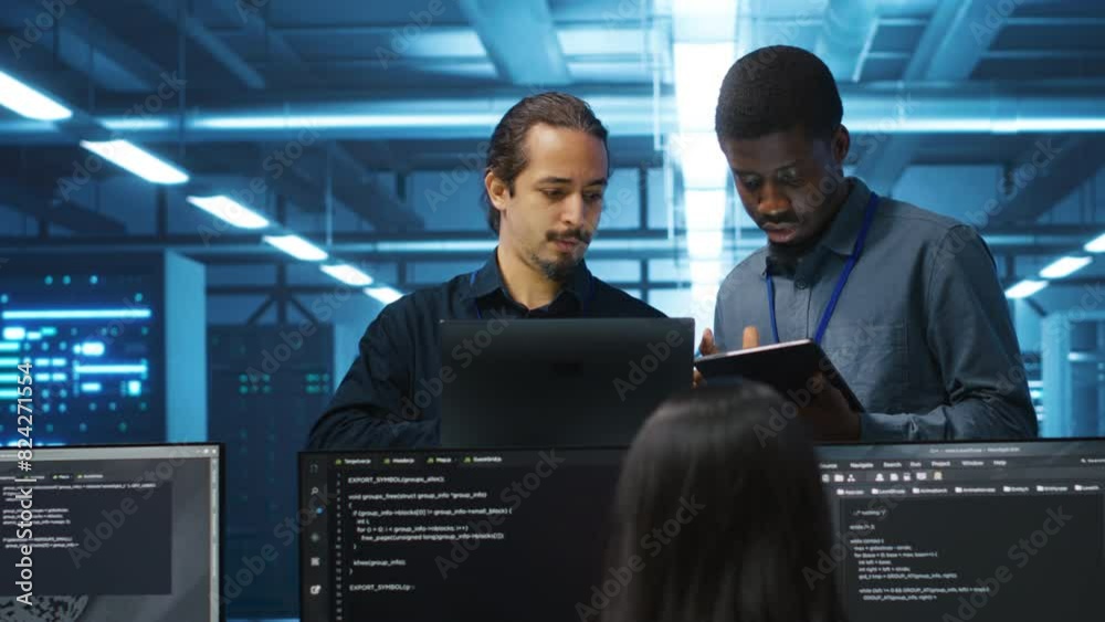 Multiethnic coworkers in server room collaborating to fix servers providing computing resources for workloads. Diverse team of admins supervising data center supercomputers
