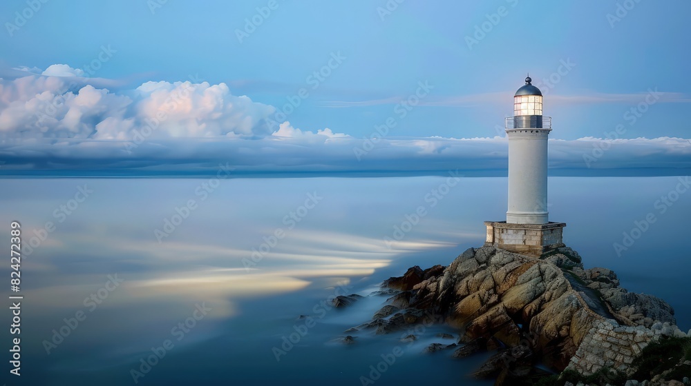 A solitary lighthouse perched on a rocky outcrop, illuminating the surrounding ocean under a veil of soft clouds.