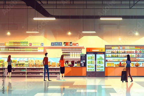 modern supermarket interior with customers shopping for groceries shelves and refrigerators vector illustration photo