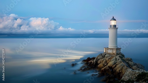 A solitary lighthouse perched on a rocky outcrop, illuminating the surrounding ocean under a veil of soft clouds. © muhammad